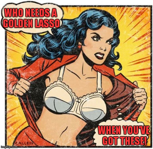 Wonder Woman...meet Wonderbra! | WHO NEEDS A GOLDEN LASSO; WHEN YOU'VE GOT THESE! | image tagged in super heroine | made w/ Imgflip meme maker