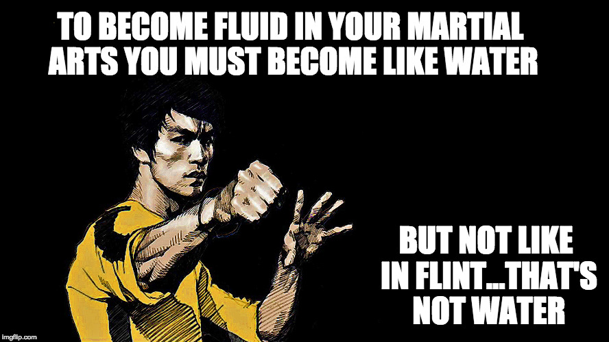 Words From The Master | TO BECOME FLUID IN YOUR MARTIAL ARTS YOU MUST BECOME LIKE WATER; BUT NOT LIKE IN FLINT...THAT'S NOT WATER | image tagged in flint water,flint,michigan,bruce lee,philosophy | made w/ Imgflip meme maker