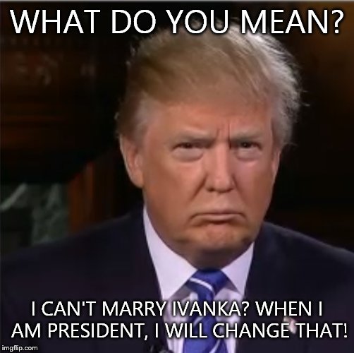 Donald Trump sulk | WHAT DO YOU MEAN? I CAN'T MARRY IVANKA? WHEN I AM PRESIDENT, I WILL CHANGE THAT! | image tagged in donald trump sulk | made w/ Imgflip meme maker