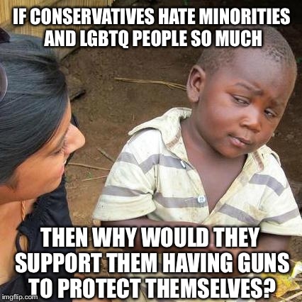 Third World Skeptical Kid | IF CONSERVATIVES HATE MINORITIES AND LGBTQ PEOPLE SO MUCH; THEN WHY WOULD THEY SUPPORT THEM HAVING GUNS TO PROTECT THEMSELVES? | image tagged in memes,third world skeptical kid | made w/ Imgflip meme maker