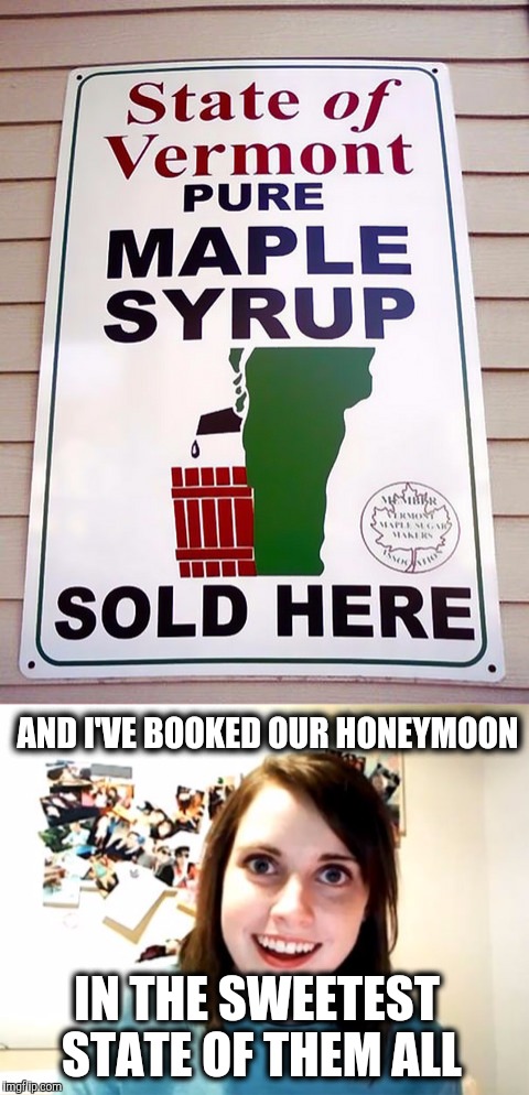 Overly attached Honeymoon | AND I'VE BOOKED OUR HONEYMOON; IN THE SWEETEST STATE OF THEM ALL | image tagged in overly attached girlfriend | made w/ Imgflip meme maker