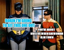 Batman and His Bat Boner | ROBIN I'M GOING TO SIT THIS ONE OUT; YOU'RE ABOUT USELESS WHEN CATWOMAN IS IN TOWN | image tagged in hard on,batman and robin,batman and catwoman,bat boner,embarrassed | made w/ Imgflip meme maker