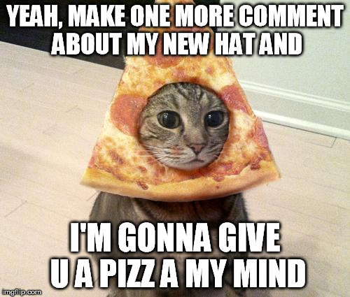 pizza cat | YEAH, MAKE ONE MORE COMMENT ABOUT MY NEW HAT AND; I'M GONNA GIVE U A PIZZ A MY MIND | image tagged in pizza cat | made w/ Imgflip meme maker
