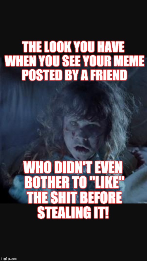 THE LOOK YOU HAVE WHEN YOU SEE YOUR MEME POSTED BY A FRIEND; WHO DIDN'T EVEN BOTHER TO "LIKE" THE SHIT BEFORE STEALING IT! | image tagged in memes | made w/ Imgflip meme maker