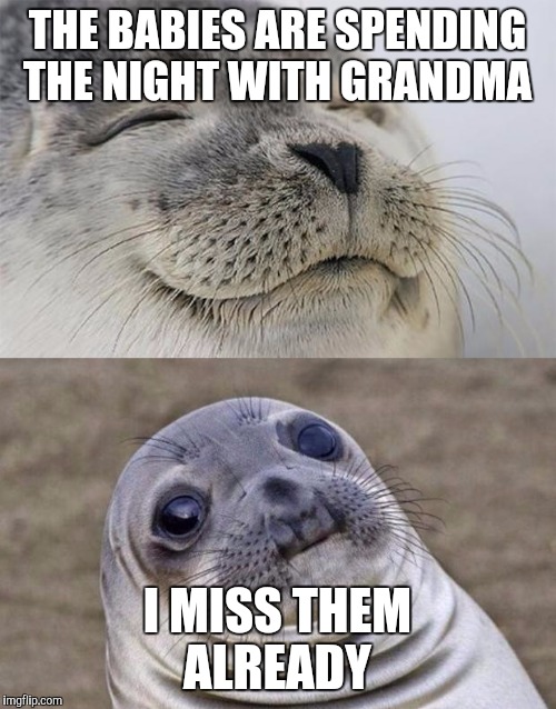 I love my little munchkins...  | THE BABIES ARE SPENDING THE NIGHT WITH GRANDMA; I MISS THEM ALREADY | image tagged in memes,short satisfaction vs truth,funny kids,parenthood,babies | made w/ Imgflip meme maker