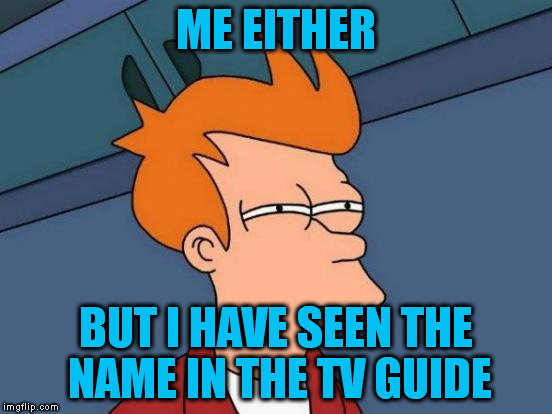 Futurama Fry Meme | ME EITHER BUT I HAVE SEEN THE NAME IN THE TV GUIDE | image tagged in memes,futurama fry | made w/ Imgflip meme maker