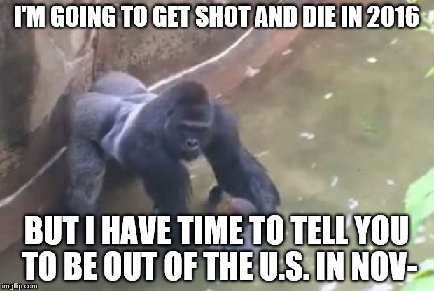Fill in the blanks: Nov_____ Pres_______ El______ | I'M GOING TO GET SHOT AND DIE IN 2016; BUT I HAVE TIME TO TELL YOU TO BE OUT OF THE U.S. IN NOV- | image tagged in last moments of harambe,2016 election,trump,harambe,hillary,donald trump | made w/ Imgflip meme maker