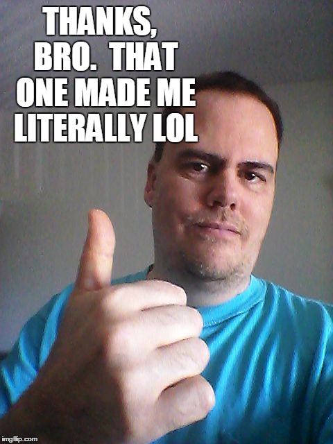 Thumbs up | THANKS,  BRO.  THAT ONE MADE ME LITERALLY LOL | image tagged in thumbs up | made w/ Imgflip meme maker