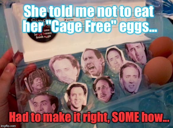 I'm Either A Bad Person, Or I'm A Funny Guy Who Was Hungry... | She told me not to eat her "Cage Free" eggs... Had to make it right, SOME how... | image tagged in memes,food,nicholas cage,lol | made w/ Imgflip meme maker