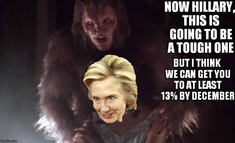 Meridian Ron Pearlman | NOW HILLARY, THIS IS GOING TO BE A TOUGH ONE BUT I THINK WE CAN GET YOU TO AT LEAST 13% BY DECEMBER | image tagged in meridian ron pearlman | made w/ Imgflip meme maker