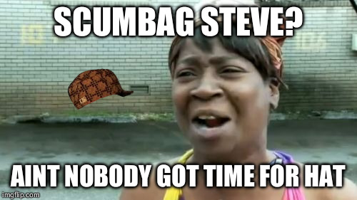 Ain't Nobody Got Time For That | SCUMBAG STEVE? AINT NOBODY GOT TIME FOR HAT | image tagged in memes,aint nobody got time for that,scumbag | made w/ Imgflip meme maker