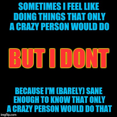 Blank | SOMETIMES I FEEL LIKE DOING THINGS THAT ONLY A CRAZY PERSON WOULD DO; BUT I DONT; BECAUSE I'M (BARELY) SANE ENOUGH TO KNOW THAT ONLY A CRAZY PERSON WOULD DO THAT | image tagged in blank | made w/ Imgflip meme maker