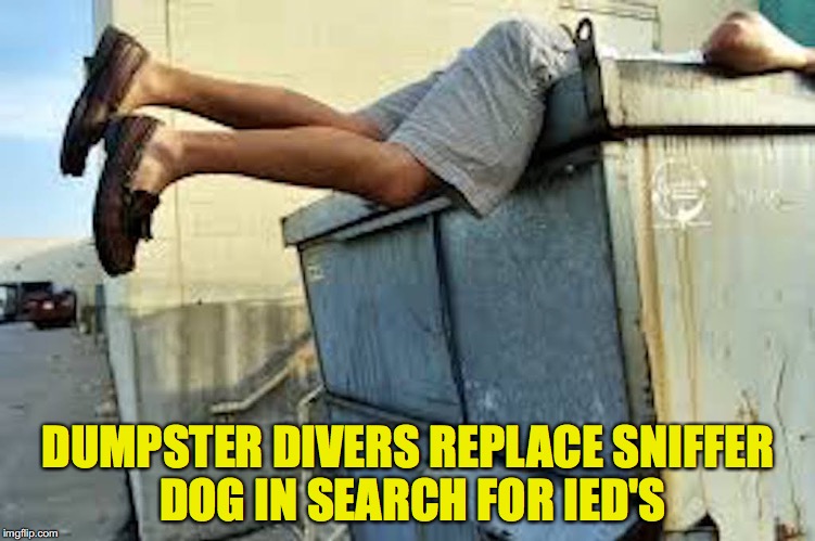 Homeless Heroes | DUMPSTER DIVERS REPLACE SNIFFER DOG IN SEARCH FOR IED'S | image tagged in terrorism,homeland security,explosion,homeless | made w/ Imgflip meme maker