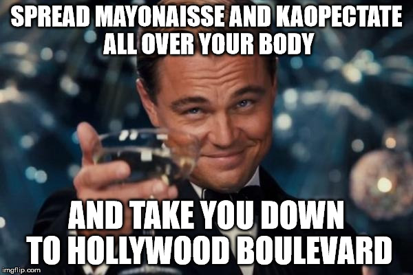 Leonardo Dicaprio Cheers Meme | SPREAD MAYONAISSE AND KAOPECTATE ALL OVER YOUR BODY; AND TAKE YOU DOWN TO HOLLYWOOD BOULEVARD | image tagged in memes,leonardo dicaprio cheers | made w/ Imgflip meme maker