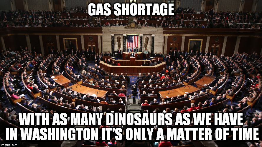 The waiting game | GAS SHORTAGE; WITH AS MANY DINOSAURS AS WE HAVE IN WASHINGTON IT'S ONLY A MATTER OF TIME | image tagged in dinosaur,congress,muh gas tank | made w/ Imgflip meme maker