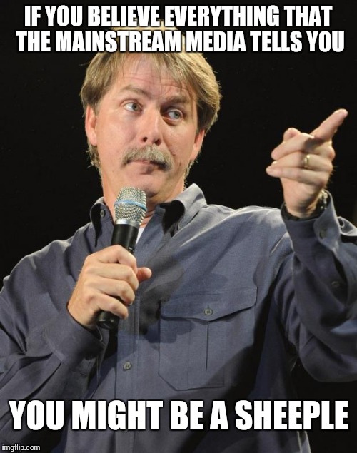 Doing your own research is easier than ever, don't be misled | IF YOU BELIEVE EVERYTHING THAT THE MAINSTREAM MEDIA TELLS YOU; YOU MIGHT BE A SHEEPLE | image tagged in jeff foxworthy | made w/ Imgflip meme maker