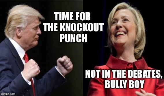 Are You Not Entertained? | TIME FOR THE KNOCKOUT PUNCH; NOT IN THE DEBATES, BULLY BOY | image tagged in hillary clinton 2016,donald trump | made w/ Imgflip meme maker