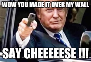 trump gun | WOW YOU MADE IT OVER MY WALL; SAY CHEEEEESE !!! | image tagged in trump gun | made w/ Imgflip meme maker