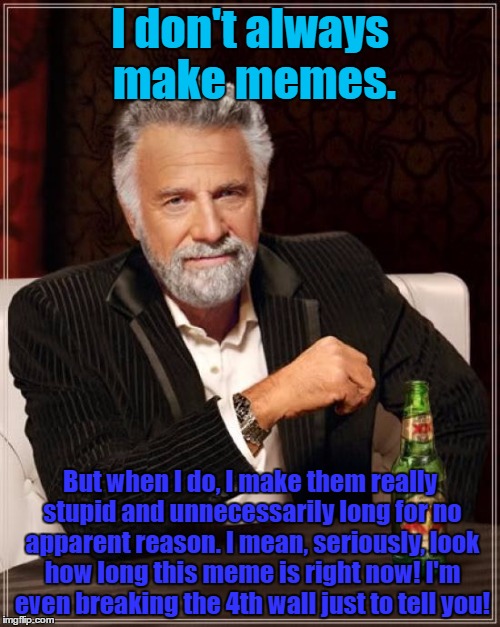 There's this guy called RisingVortex, and he makes these kinds of memes for no reason. Oh wait... | I don't always make memes. But when I do, I make them really stupid and unnecessarily long for no apparent reason. I mean, seriously, look how long this meme is right now! I'm even breaking the 4th wall just to tell you! | image tagged in memes,the most interesting man in the world | made w/ Imgflip meme maker