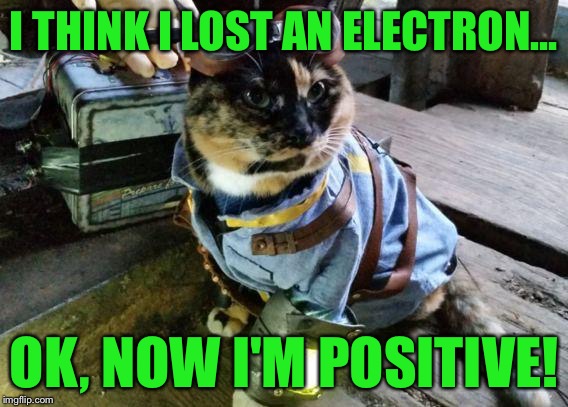 Fallout RayCat | I THINK I LOST AN ELECTRON... OK, NOW I'M POSITIVE! | image tagged in fallout raycat | made w/ Imgflip meme maker