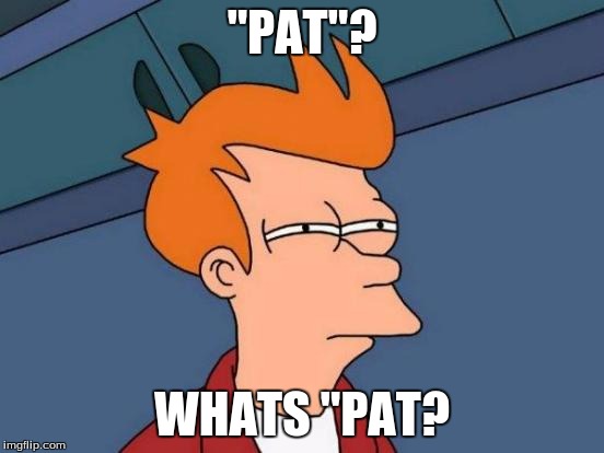 Futurama Fry Meme | "PAT"? WHATS "PAT? | image tagged in memes,futurama fry | made w/ Imgflip meme maker