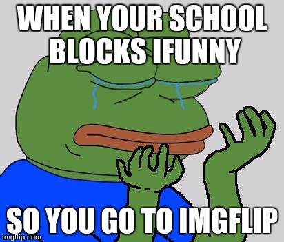 pepe cry | WHEN YOUR SCHOOL BLOCKS IFUNNY; SO YOU GO TO IMGFLIP | image tagged in pepe cry | made w/ Imgflip meme maker