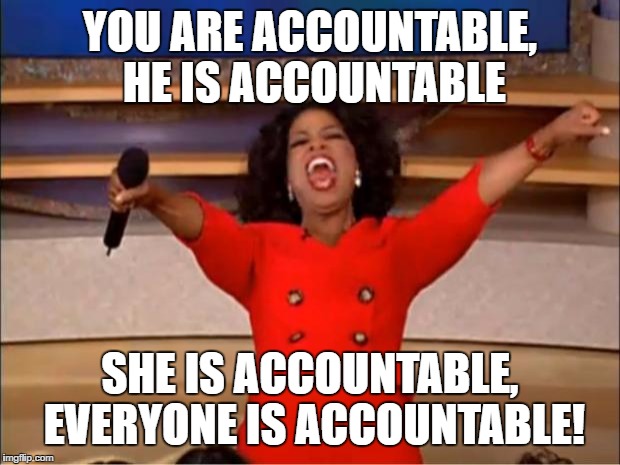 Oprah You Get A Meme | YOU ARE ACCOUNTABLE, HE IS ACCOUNTABLE; SHE IS ACCOUNTABLE, EVERYONE IS ACCOUNTABLE! | image tagged in memes,oprah you get a | made w/ Imgflip meme maker