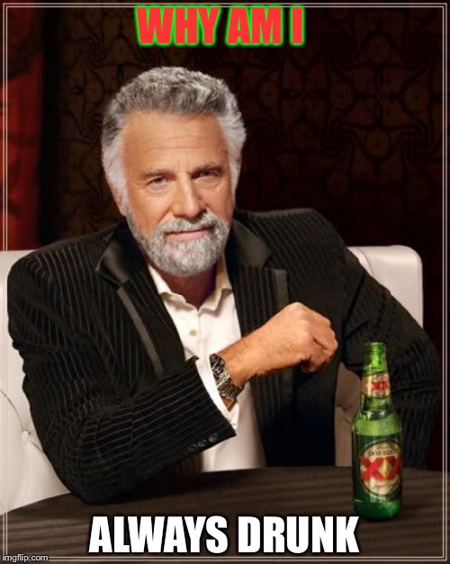 The Most Interesting Man In The World | WHY AM I; ALWAYS DRUNK | image tagged in memes,the most interesting man in the world | made w/ Imgflip meme maker