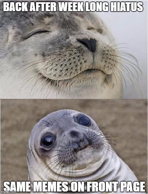 Awkward moment seal | BACK AFTER WEEK LONG HIATUS; SAME MEMES ON FRONT PAGE | image tagged in awkward moment seal | made w/ Imgflip meme maker