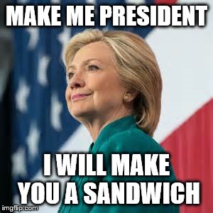 Hillary's Promise | MAKE ME PRESIDENT; I WILL MAKE YOU A SANDWICH | image tagged in election 2016,hillary clinton 2016,memes | made w/ Imgflip meme maker