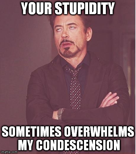 Face You Make Robert Downey Jr | YOUR STUPIDITY; SOMETIMES OVERWHELMS MY CONDESCENSION | image tagged in memes,face you make robert downey jr | made w/ Imgflip meme maker