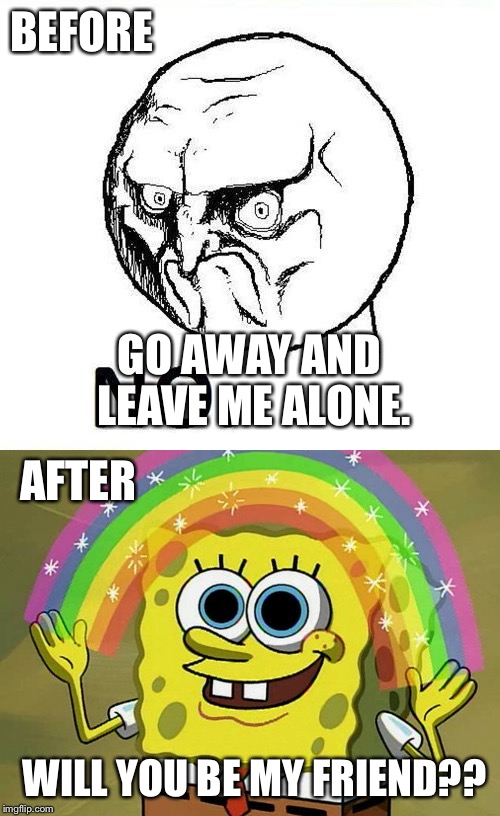 Bronydom: Before and After | BEFORE; GO AWAY AND LEAVE ME ALONE. AFTER; WILL YOU BE MY FRIEND?? | image tagged in my little pony,memes,funny memes | made w/ Imgflip meme maker