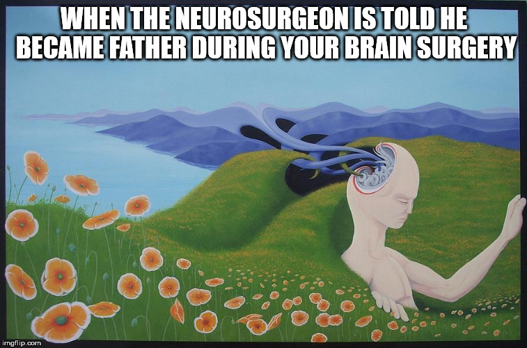 neurosurgeon became father | WHEN THE NEUROSURGEON IS TOLD HE BECAME FATHER DURING YOUR BRAIN SURGERY | image tagged in surgery,father,brain,head | made w/ Imgflip meme maker