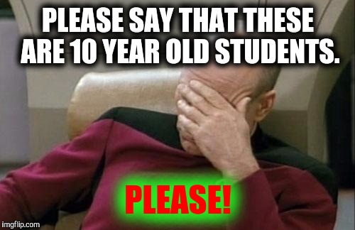 Captain Picard Facepalm Meme | PLEASE SAY THAT THESE ARE 10 YEAR OLD STUDENTS. PLEASE! | image tagged in memes,captain picard facepalm | made w/ Imgflip meme maker