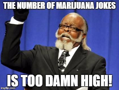 Probably a repost, but I couldn't resist... | THE NUMBER OF MARIJUANA JOKES; IS TOO DAMN HIGH! | image tagged in memes,too damn high | made w/ Imgflip meme maker