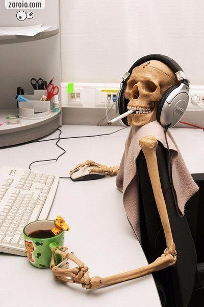 Hyped-up Skeleton at Desk Blank Meme Template