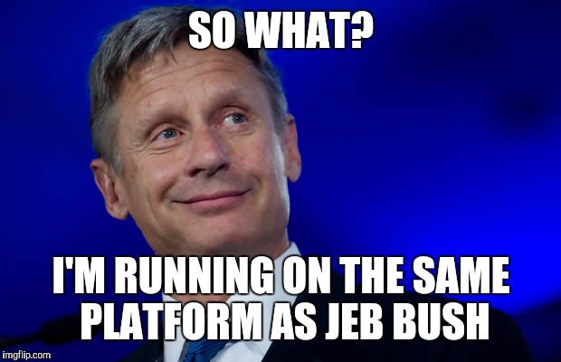 SO WHAT? I'M RUNNING ON THE SAME PLATFORM AS JEB BUSH | image tagged in gary johnson at 10 | made w/ Imgflip meme maker