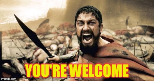 Sparta Leonidas Meme | YOU'RE WELCOME | image tagged in memes,sparta leonidas | made w/ Imgflip meme maker