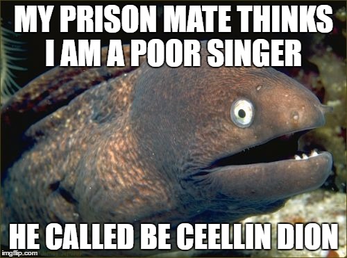 Bad Joke Eel | MY PRISON MATE THINKS I AM A POOR SINGER; HE CALLED BE CEELLIN DION | image tagged in memes,bad joke eel,singer,prison,cell,celine dion | made w/ Imgflip meme maker