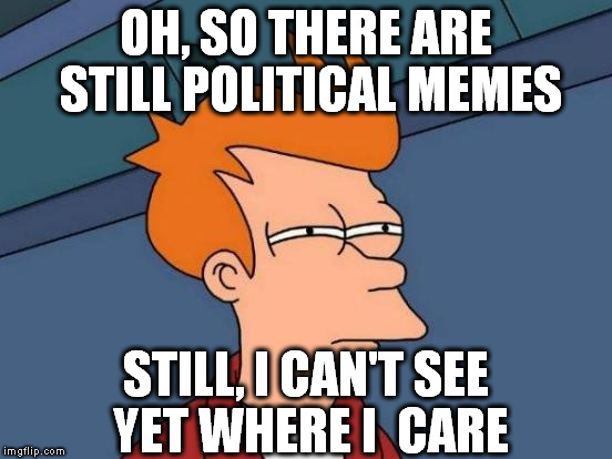 It must be in a very far place, I'll keep looking around. | OH, SO THERE ARE STILL POLITICAL MEMES; STILL, I CAN'T SEE YET WHERE I  CARE | image tagged in memes,futurama fry | made w/ Imgflip meme maker