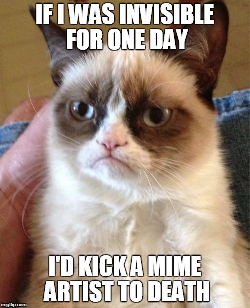 Grumpy Cat Meme | IF I WAS INVISIBLE FOR ONE DAY; I'D KICK A MIME ARTIST TO DEATH | image tagged in memes,grumpy cat | made w/ Imgflip meme maker