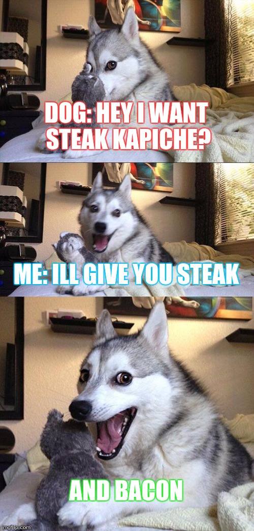 Bad Pun Dog Meme | DOG: HEY I WANT STEAK KAPICHE? ME: ILL GIVE YOU STEAK; AND BACON | image tagged in memes,bad pun dog | made w/ Imgflip meme maker