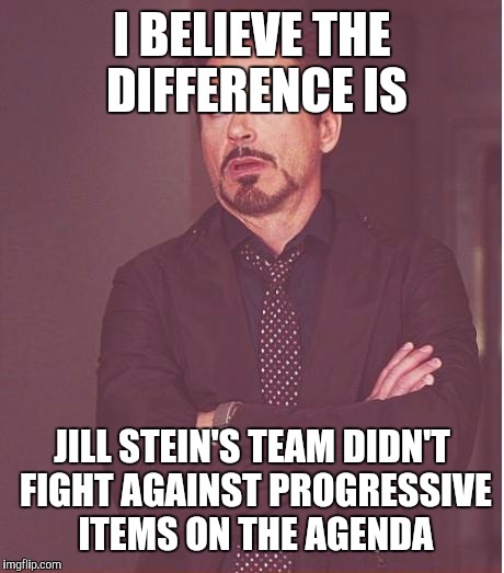 Face You Make Robert Downey Jr Meme | I BELIEVE THE DIFFERENCE IS JILL STEIN'S TEAM DIDN'T FIGHT AGAINST PROGRESSIVE ITEMS ON THE AGENDA | image tagged in memes,face you make robert downey jr | made w/ Imgflip meme maker