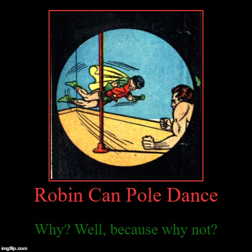 Every Sidekick Has Their Secrets | Robin Can Pole Dance | Why? Well, because why not? | image tagged in funny,demotivationals,secrets,robin,pole dance,wish batman was here | made w/ Imgflip demotivational maker