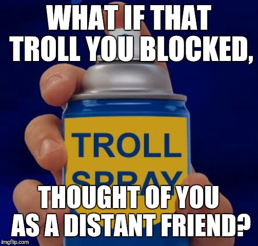 Trolls have feelings too... | WHAT IF THAT TROLL YOU BLOCKED, THOUGHT OF YOU AS A DISTANT FRIEND? | image tagged in troll spray top | made w/ Imgflip meme maker