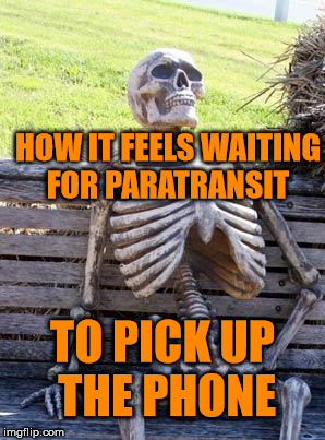 Stupid Company. | HOW IT FEELS WAITING FOR PARATRANSIT; TO PICK UP THE PHONE | image tagged in memes,waiting skeleton | made w/ Imgflip meme maker