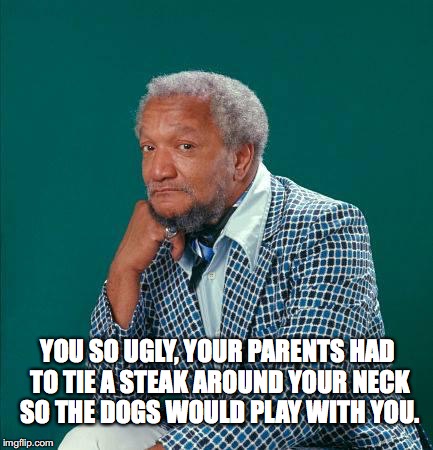 YOU SO UGLY, YOUR PARENTS HAD TO TIE A STEAK AROUND YOUR NECK SO THE DOGS WOULD PLAY WITH YOU. | image tagged in red foxxx | made w/ Imgflip meme maker