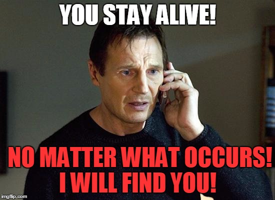 Liam Neeson Taken 2 Meme | YOU STAY ALIVE! NO MATTER WHAT OCCURS! I WILL FIND YOU! | image tagged in memes,liam neeson taken 2 | made w/ Imgflip meme maker