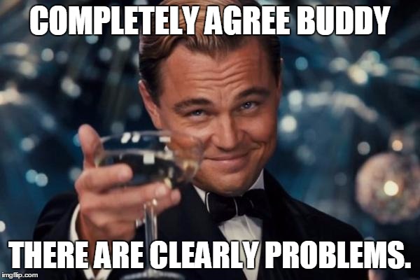 Leonardo Dicaprio Cheers Meme | COMPLETELY AGREE BUDDY THERE ARE CLEARLY PROBLEMS. | image tagged in memes,leonardo dicaprio cheers | made w/ Imgflip meme maker