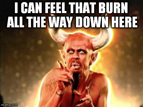 I CAN FEEL THAT BURN ALL THE WAY DOWN HERE | image tagged in scared devil | made w/ Imgflip meme maker